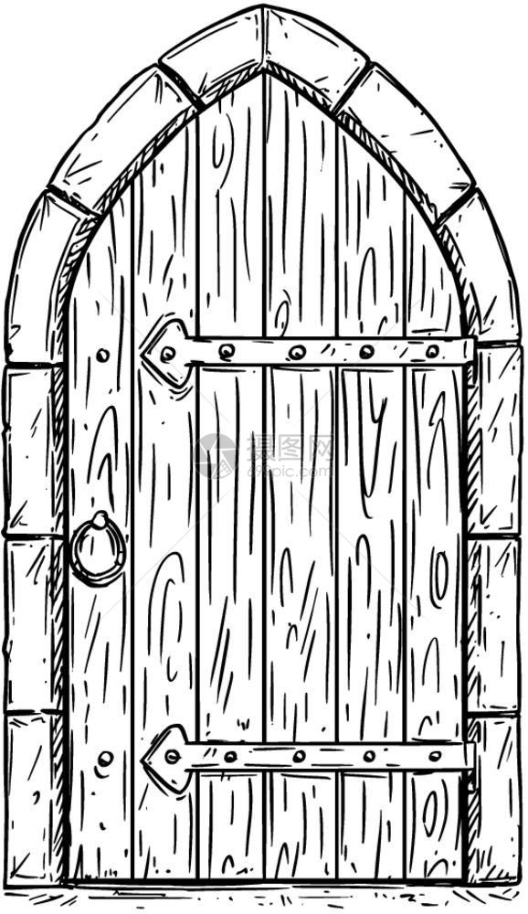 木制中世纪门的卡通矢量绘图封闭或锁定卡通中世纪门的矢量图显示封闭或锁定的中世纪木制门图片