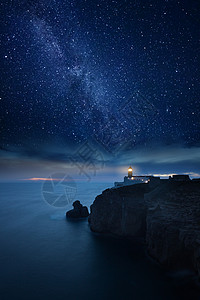 夜下灯塔圣文森特灯塔角萨格里斯葡萄牙阿尔加夫背景