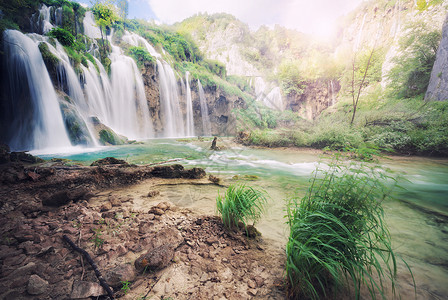 美丽的绿色森林瀑布图片