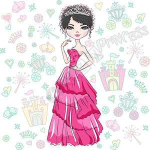 清纯美女佟丽娅美丽的时装女公主丽的时装女孩顶模范公主在皇冠上穿着漂亮的红裙子插画
