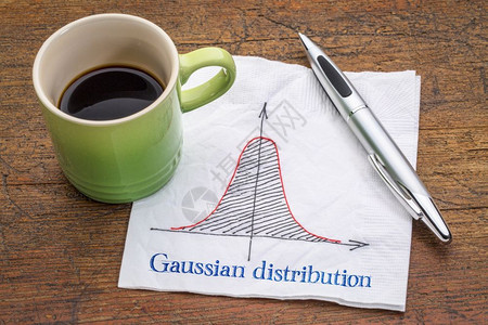Gaussian钟曲线或普通分布图白餐巾纸上加咖啡杯图片