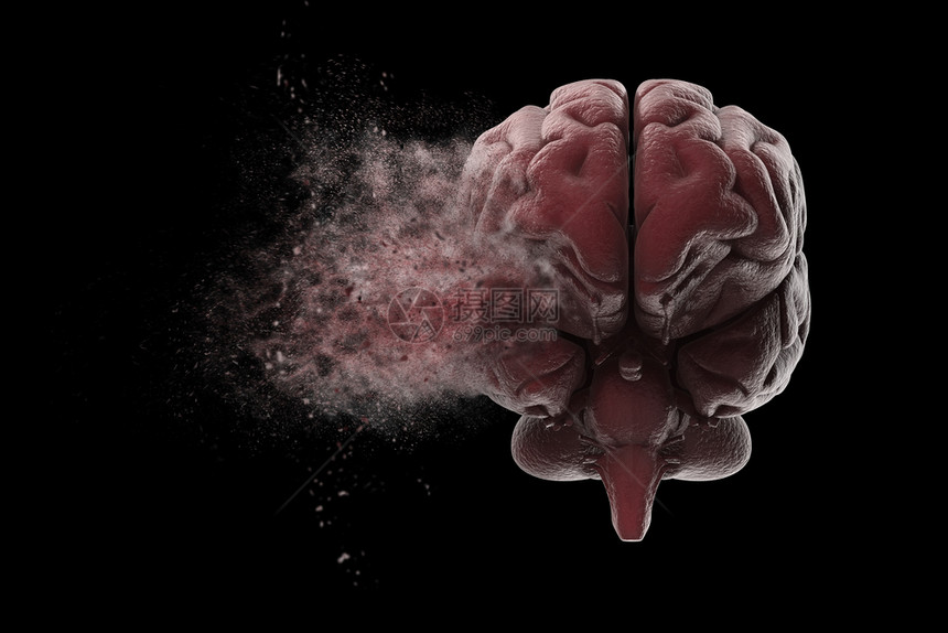 人类大脑在黑背景上爆炸3D插图图片