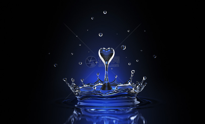 以蓝点光线显示的心脏形式水滴以心脏形式显示的水滴3D插图图片