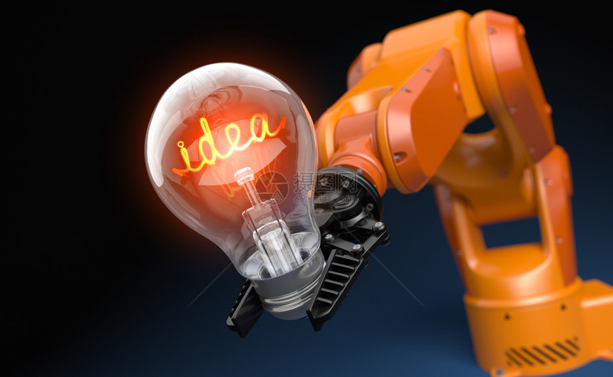 工业机器人臂手持灯泡的工业机器人臂3D插图图片