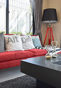 现代红沙发家里客厅有枕头和灯图片
