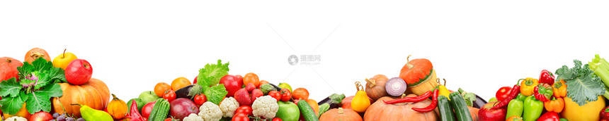 新鲜水果和蔬菜的广泛拼贴用于在白色背景上孤立的布局图片