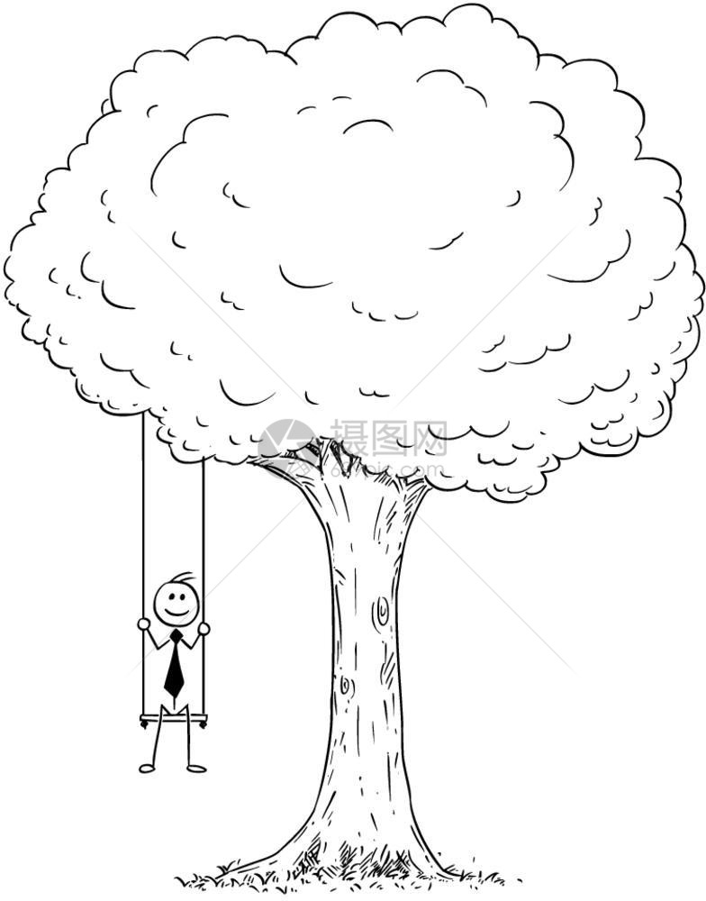 坐在树上摇摆的商人卡通棍手描绘了坐在树枝上摇摆的快乐商人概念说明成功的商业概念成功的商业概念图片