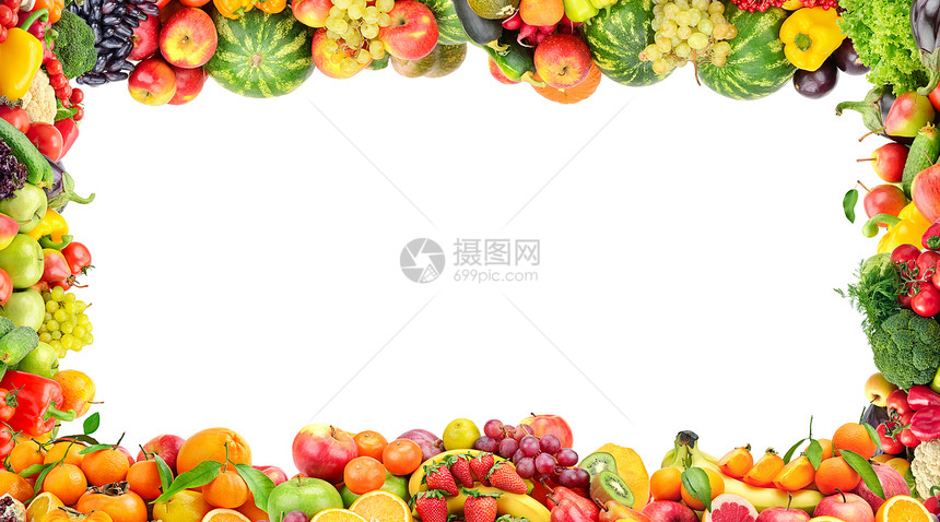 在白色背景上隔离的蔬菜和水果框架图片
