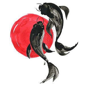 锦鲤图插画Koi鱼用日本的绘画风格刻小鱼和红太阳传统墨水手画插图鱼和红太阳用日本的风格水彩图背景
