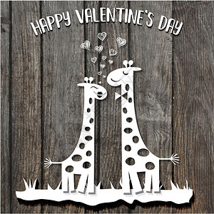 剪纸风木板上的恋爱中的长颈鹿矢量设计模板图片