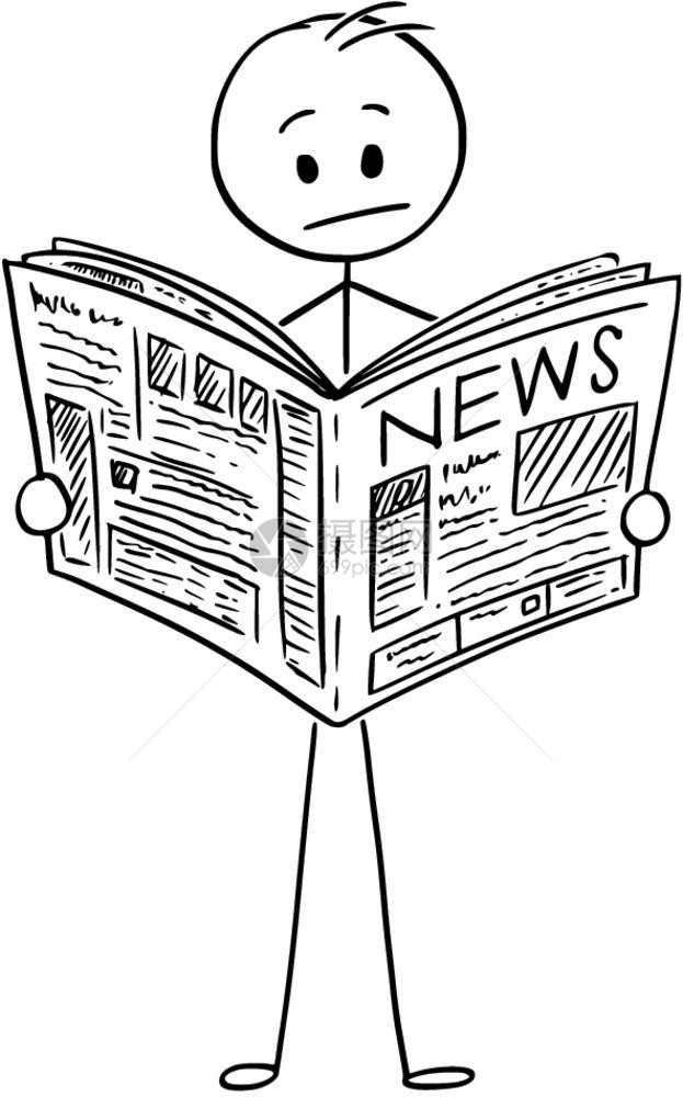 商人阅读坏消息的漫画卡通棍手描绘商人在报纸上读坏消息的概念插图图片