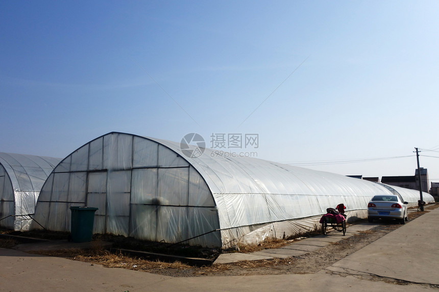 农庄秋季节的大型植物温室图片