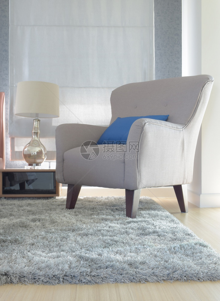 在现代室内客厅用蓝色枕头戴的灰装饰椅图片