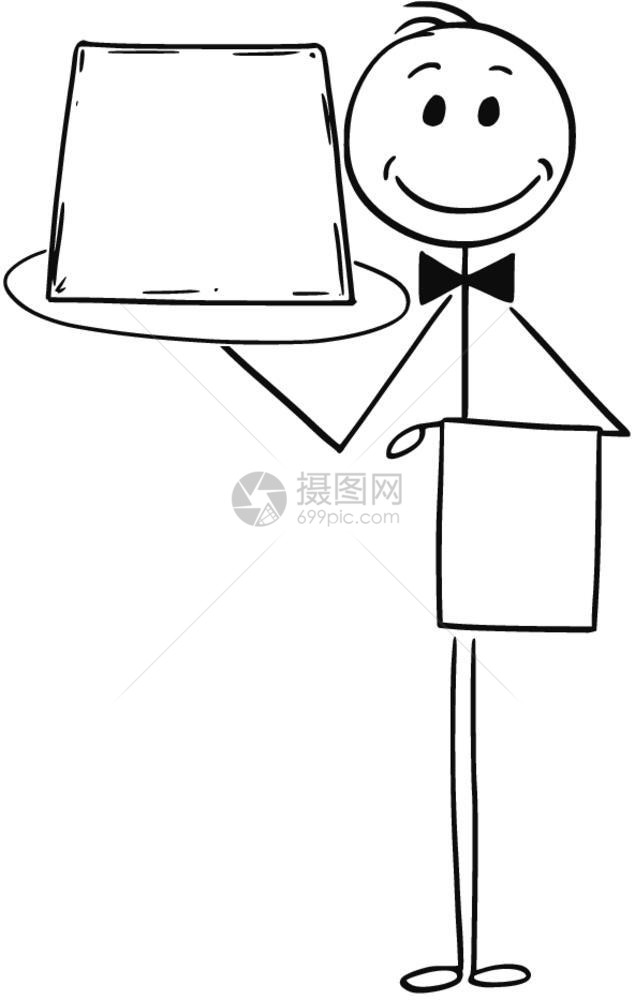 服务员用空或白符号持有托盘的卡通棍手绘制服务员用空或白符号托盘的理念图解图片