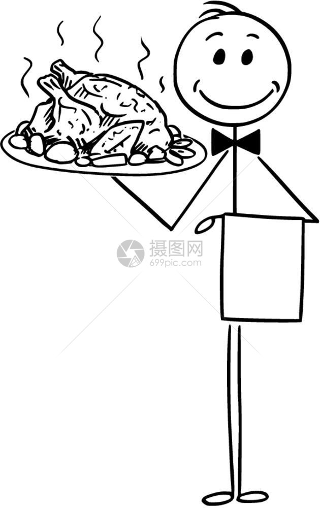 持有银板或与烤鸡土耳其的托盘侍者卡通棍手绘制了用烤鸡或火作为餐者持有银盘或具的侍者概念说明图片