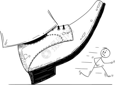 压迫大脚鞋的卡通准备踏上商人卡通棍手绘制了大脚鞋的概念说明准备踏下经营商人压力和竞争的商业概念插画