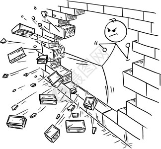 问题墙卡通棍手绘制商人用功夫或空手道踢砖墙的概念说明障碍和解决方案的商业概念插画