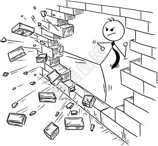 砖头墙卡通棍手绘制商人用功夫或空手道踢砖墙的概念说明障碍和解决方案的商业概念插画