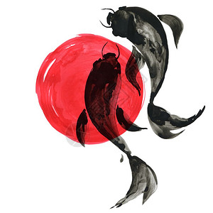 日本绘画风格的科伊鱼传统美丽的水彩手画图日本风格的科伊鱼水彩画图日本风格的科伊鱼背景图片