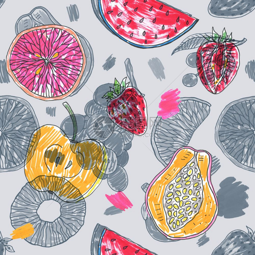 热带异国水果的形态抽象无缝背景热带异国水果的植被形态手工制作食品设计图片