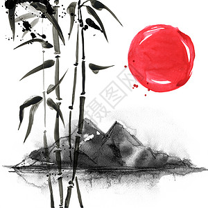 水墨画黑色竹子日本绘画风格的竹子传统美丽的水彩手画图日本风格的竹子水彩手画图背景