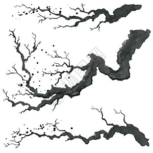 黑白画素材树日本绘画风格的树枝传统美丽的水彩手画图日本风格的树枝图水彩手画日本风格的树枝图背景