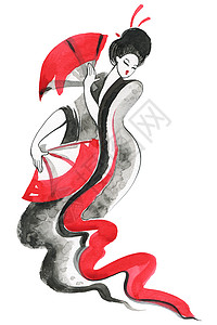 Geisha传统服装妇女日式水彩色手绘插图背景图片