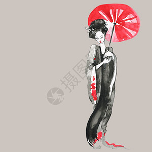 Geisha传统服装妇女日式水彩色手绘插图背景图片