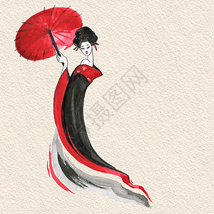 Geisha传统服装妇女日式水彩色手绘插图高清图片