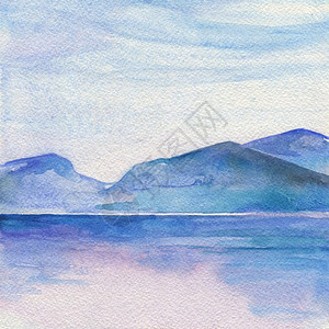 手绘水山海景面滩美丽的水彩手绘图画海洋水彩图背景
