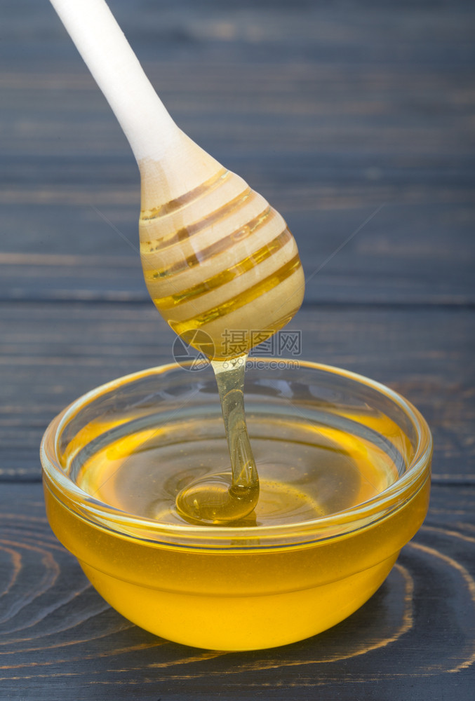 蜂蜜背景玻璃罐里的甜蜜木制背景图片
