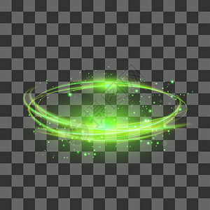 动态发光透明光效应与检查背景隔离绿色闪电Flafe设计Flafe金光星带有圆透镜的抽象椭圆火环踪迹与检查背景隔离的透明光效应绿色闪电插画