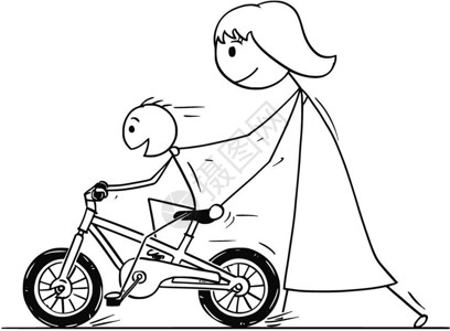 拿着木棍男孩母亲和儿子学骑自行车或的漫画卡通木棍手绘制母亲和儿子学习骑自行车或的概念说明插画