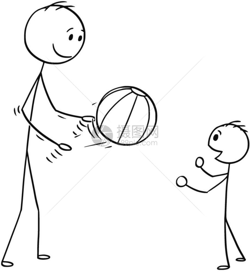 父亲的卡通和儿子玩球卡通棍子画父亲和爸玩儿子充气海滩球的概念插图图片