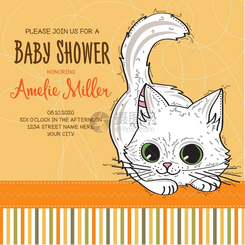 卡通猫咪婴儿淋浴卡模板图片