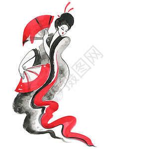 Geisha传统服装妇女日式水彩色手绘插图图片