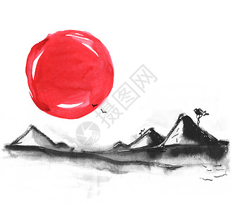 日本风格的山水彩手画图背景图片