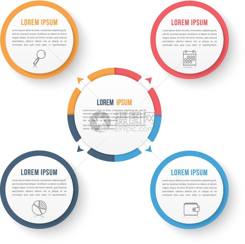 包含四元素的圆形信息模板包含四个元素步骤或选项工作流程或图矢量eps10插图图片