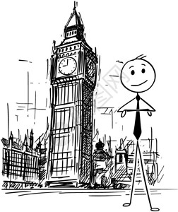 伊丽莎白二世英国伦敦BigBenClock塔前的商人卡通棍手绘制了商人站在英国伦敦BigElizabeth钟塔威斯敏特宫前的商人概念图在英国插画