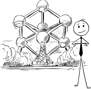 埃蒂基塔商人站在Atomium前线的卡通比利时布鲁塞尔卡通棍手绘制商人站在Atomium前面的概念图解布鲁塞尔比利时商业概念插画