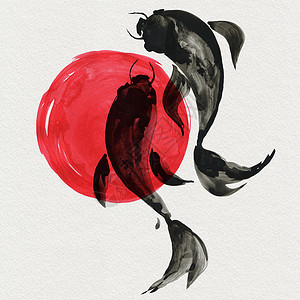锦鲤图插画日本绘画风格的科伊鱼传统美丽的水彩手画图日本风格的科伊鱼水彩画图日本风格的科伊鱼背景