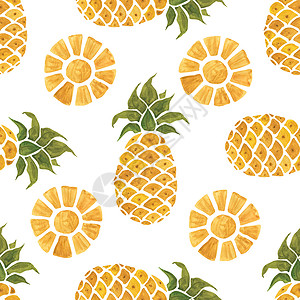 手绘黄色果汁菠萝背景水颜色无缝模式手画图例背景
