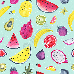 卡通水果西瓜热带异国水果的形态抽象无缝背景热带异国水果的无缝热带形态手画食品设计背景