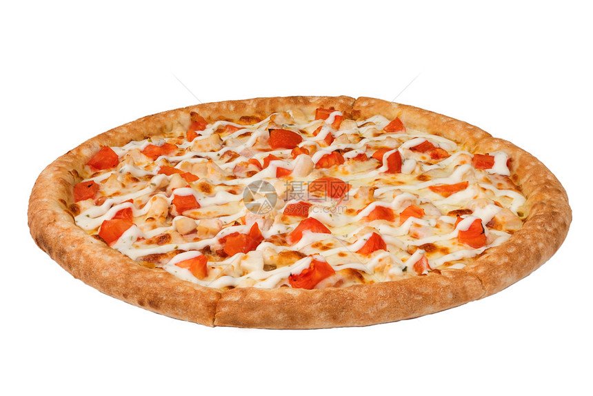 以白色背景与复制空间隔离的美味比萨饼图片