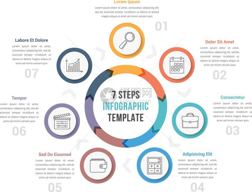 七步环形图圆信息表模板带有七步箭头工作流程进矢量eps10插图图片