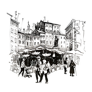 布鲁诺瓦意大利罗马的景色城市手绘草图每日市场罗马广每日市和意大利罗马GiordanoBruno纪念碑背景