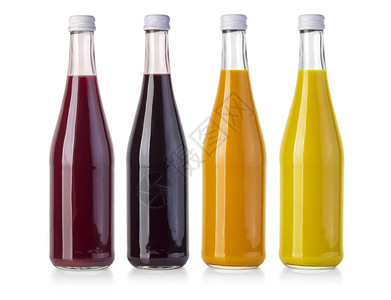 果汁杯红色黄橙紫瓶子在白背景上孤立果汁杯瓶图片