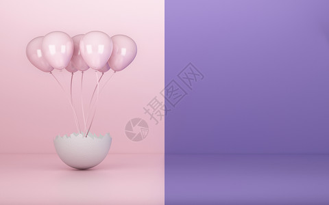 蛋壳碎裂和粉红色气球有复制空间3d图片