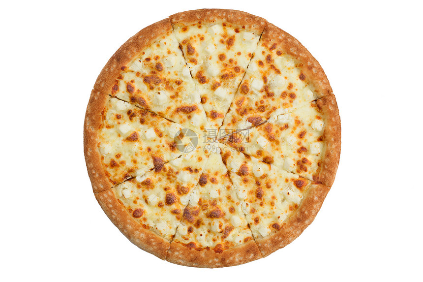 白色背景上孤立的比萨饼顶端视图图片