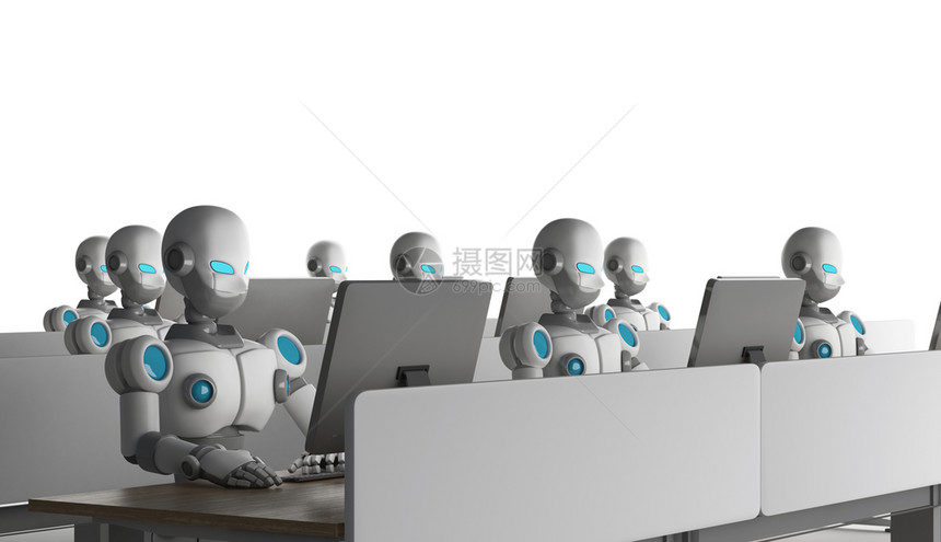 白背景使用计算机的器人集团未来技术概念中的人工智能3插图图片